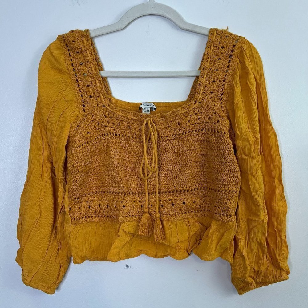 NWT American Eagle Crochet Boho Cropped Ruffle Hem Mustard Yellow Top Blouse